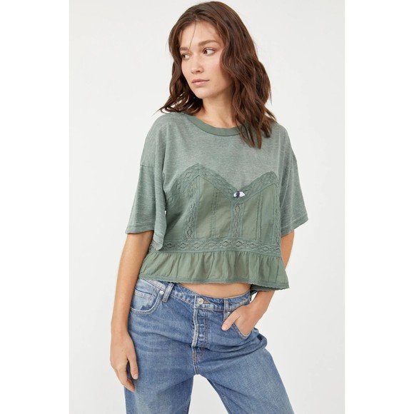 Free People Tops - Free People NWT Fall in Love Lace Inset Ruffle Bottom Tee Washed Army Medium New